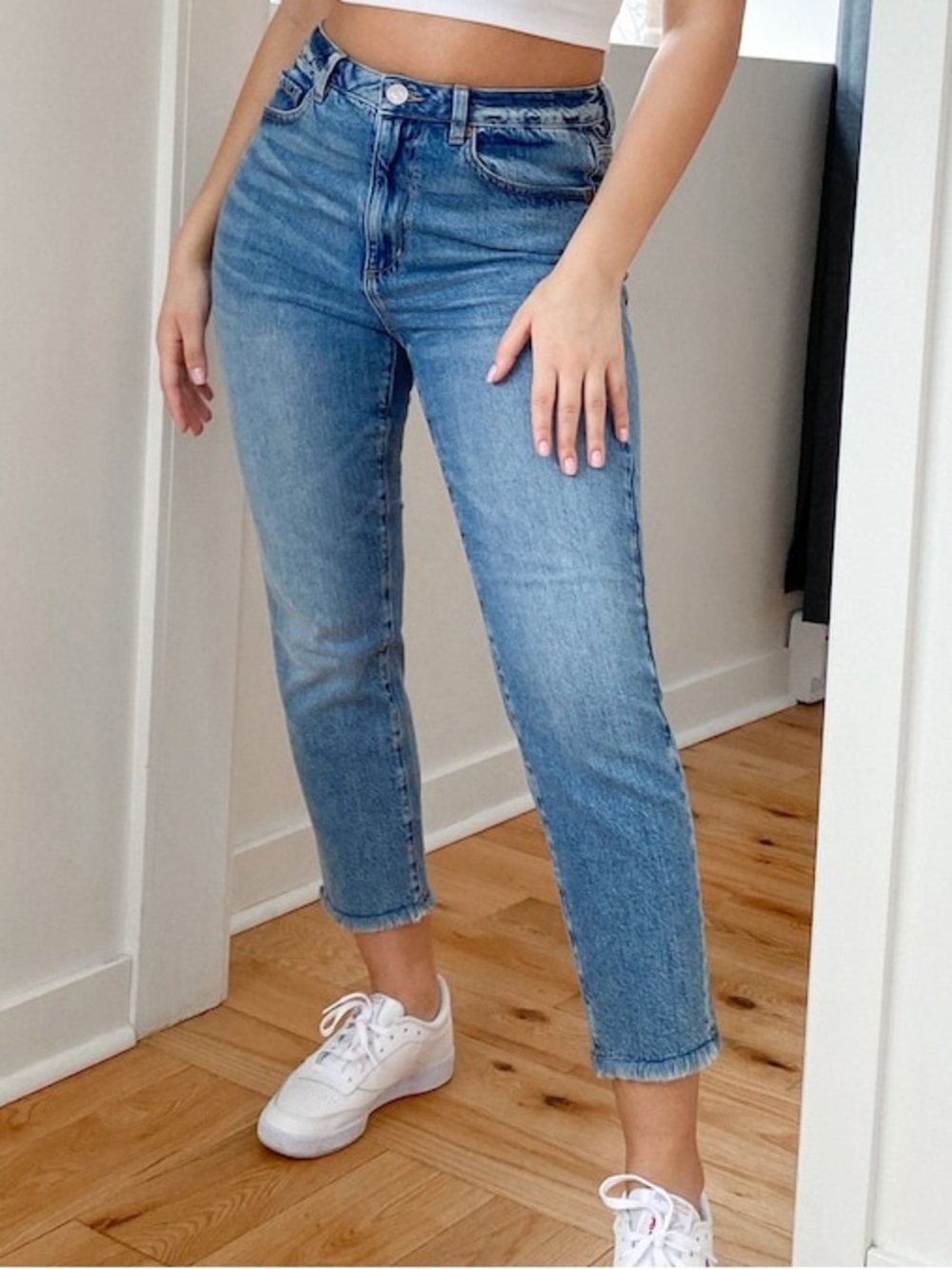 Garage Light Blue Mom Jeans with Fraying